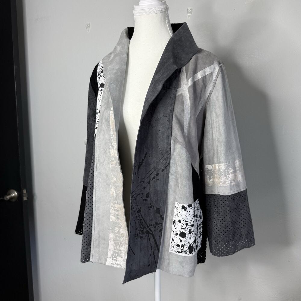 Lemon Grass Women’s Jacket XS Black Gray White Patchwork Open Front Long Sleeve